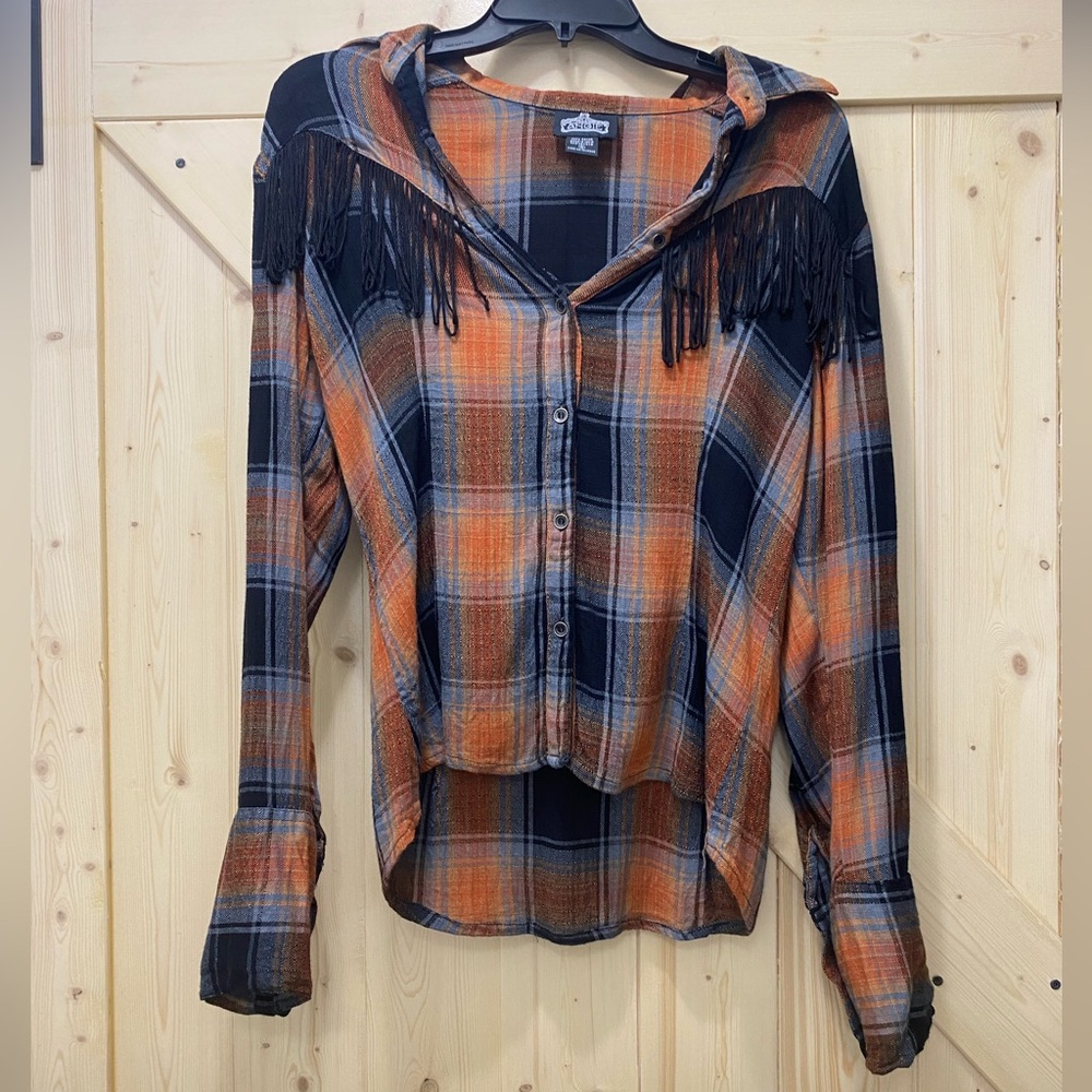 😍😎Angie Fringed Orange Plaid Relaxed Boho Cowgirl Babe Button-down Blouse!